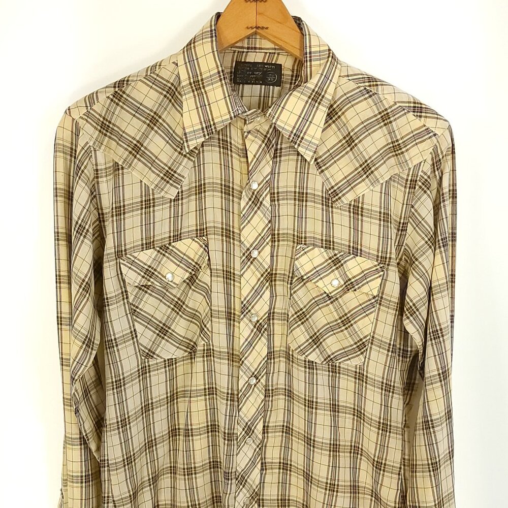 Vtg JcPenney Shirt Mens 15 1/2 Western Cowboy Snap Front Tan Navy Blue Plaid 70s
